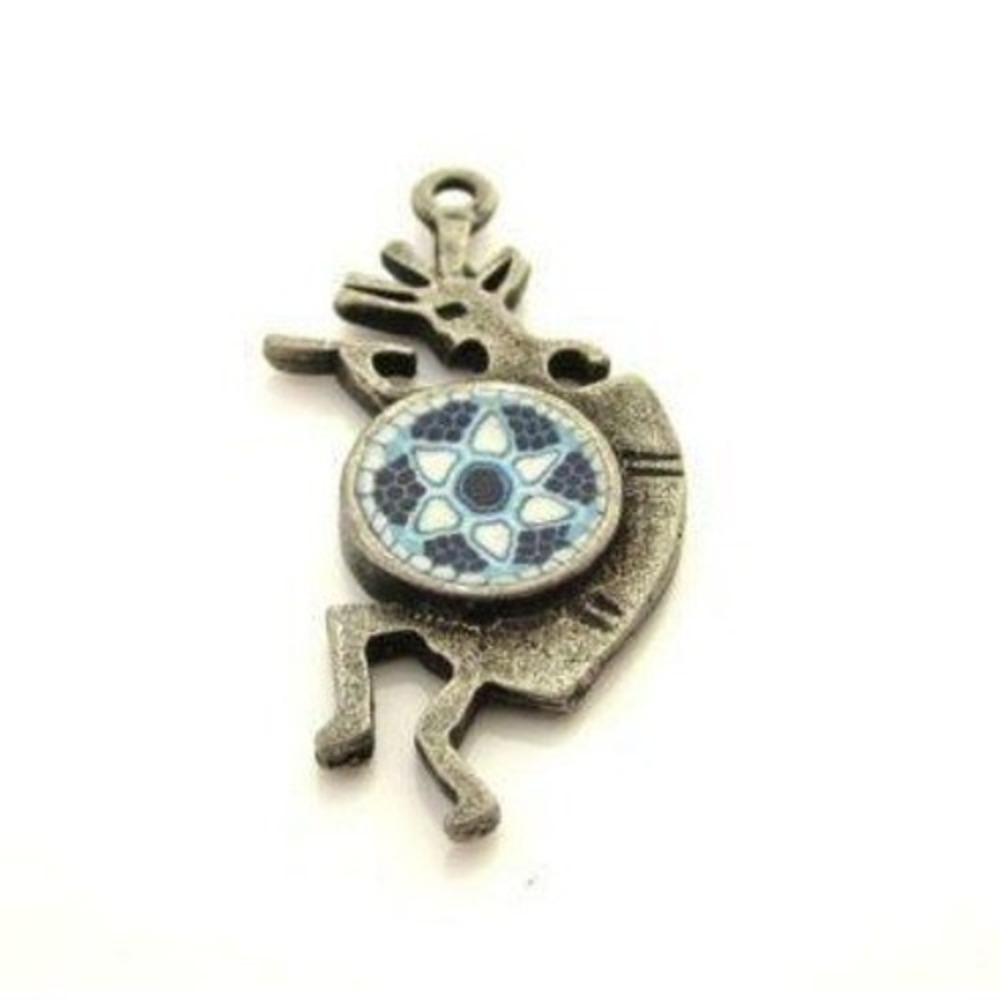 Vintage Southwest KOKOPELLI Silver Tone Inlaid Sun Millifiori Necklace Pendant‎